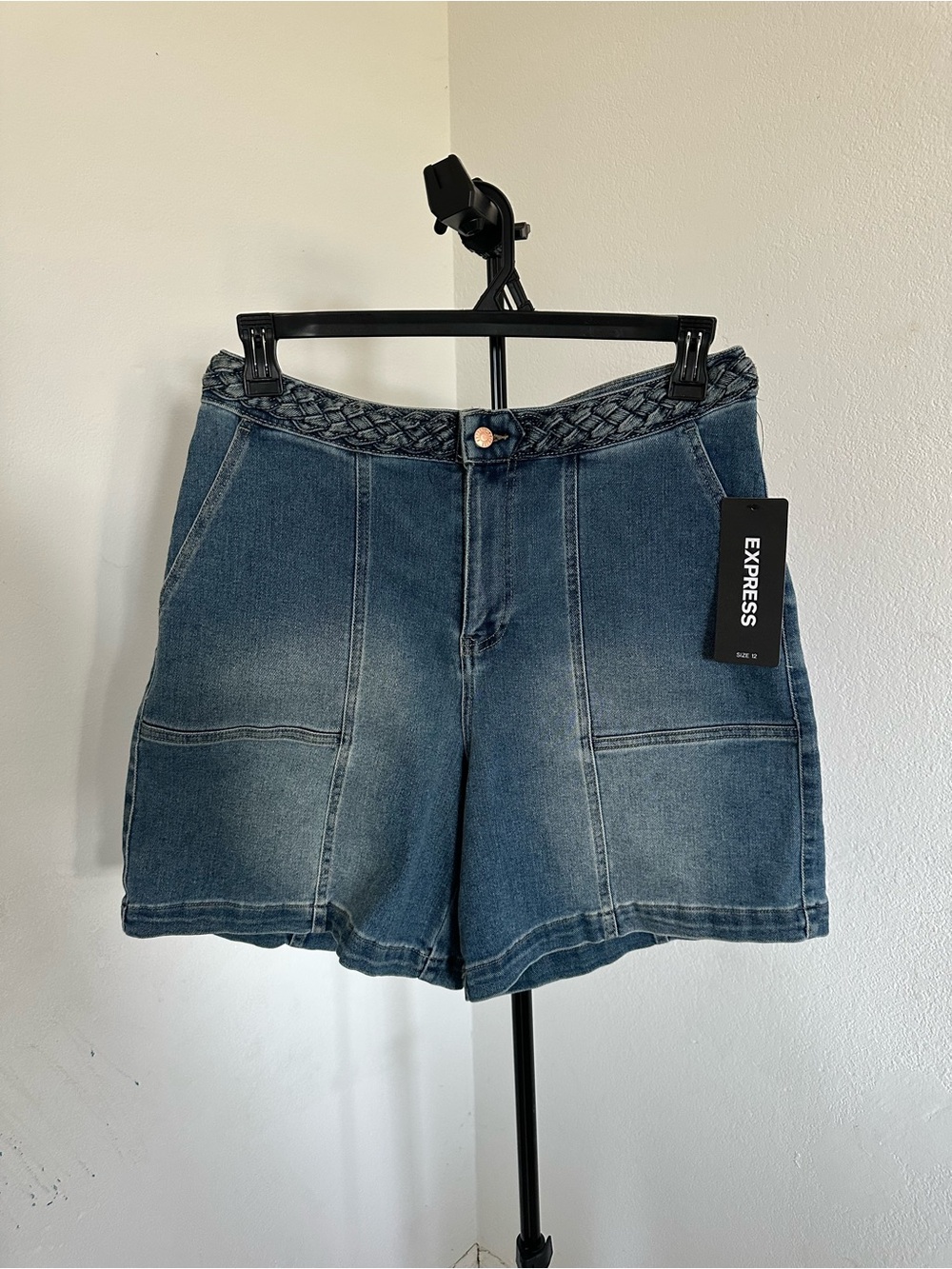 Express Women's Blue Denim Shorts with Braided Waist size 12